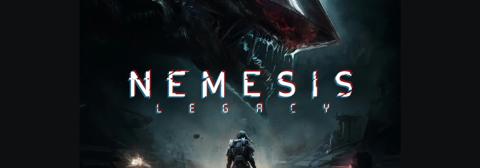 Dark sci-fi scene with a lone astronaut standing beneath a massive, monstrous creature, with the title “Nemesis Legacy” displayed across the centre.