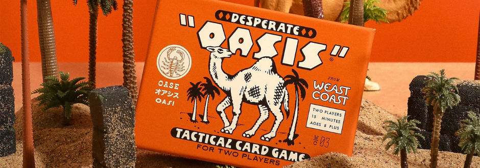 A card game featuring a camel and palm trees, set against a vibrant desert backdrop