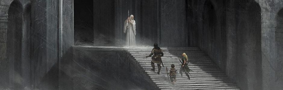 Three adventurers ascend wide stone steps toward a figure in white robes holding a staff, surrounded by mist in an ancient, shadowy hall.