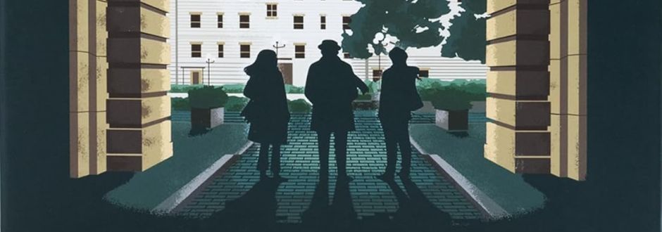 Silhouettes of three people stand under an ornate archway, facing a sunlit courtyard with trees and a white building, evoking a mysterious, contemplative mood.