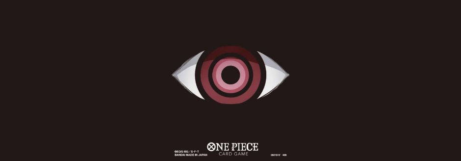 Stylized eye with concentric red circles on a dark background, resembling a target. Below, the text reads "One Piece Card Game," conveying intrigue.