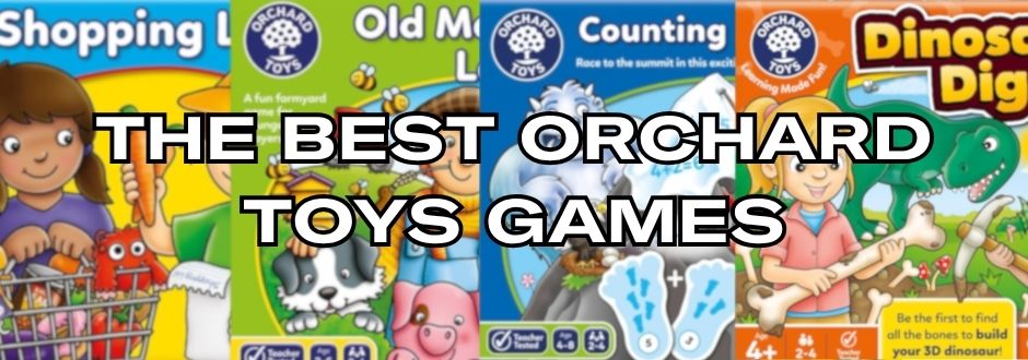 A collage of four Orchard Toys game covers: "Shopping List," "Old MacDonald Lotto," "Counting Mountain," and "Dinosaur Dig," with bold text overlaying, "The Best Orchard Toys Games." Bright and colorful illustrations convey a fun and educational tone.