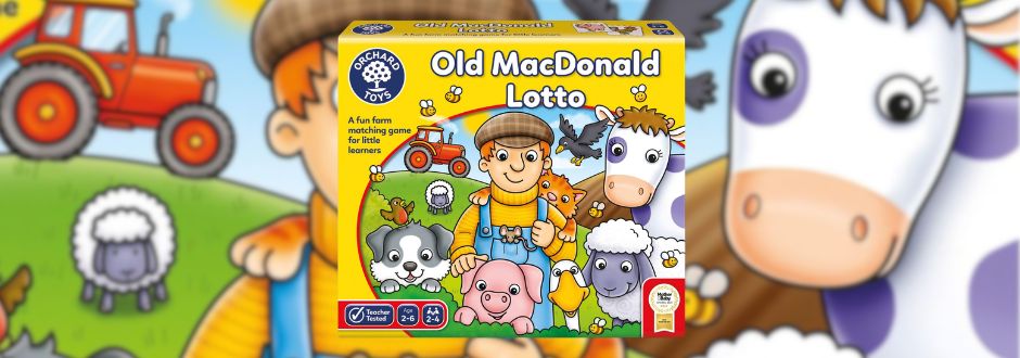 Colorful "Old MacDonald Lotto" game box featuring a smiling farmer with various farm animals: a dog, pig, sheep, horse, and cow, set against a vibrant, cartoon farm background with a red tractor.