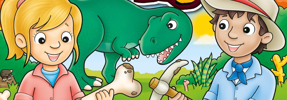 Cartoon of two children with a dinosaur. The girl holds a bone, the boy a rock hammer. A smiling green dinosaur stands behind, set in a bright, grassy landscape.