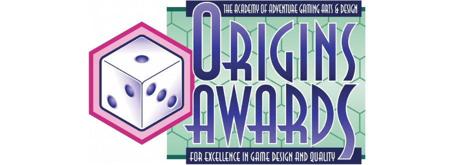 Hexagonal pattern background with a large white die, edged in pink, next to bold "Origins Awards" text. Above, reads "The Academy of Adventure Gaming Arts & Design."