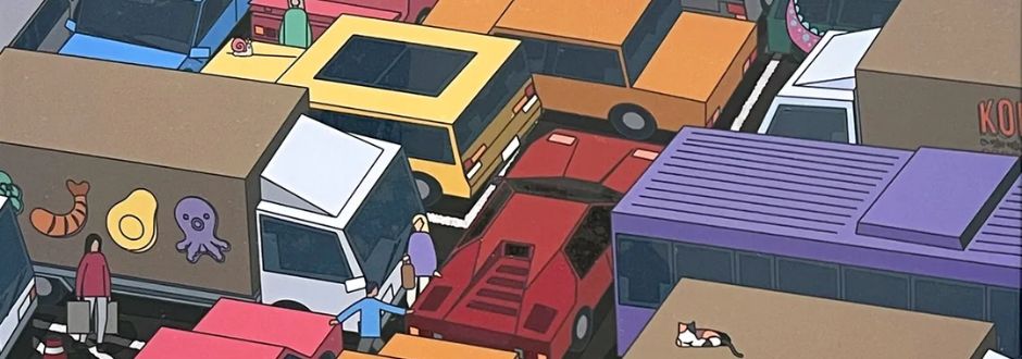 Illustrated city traffic jam with colorful cars, trucks, and a bus in shades of red, yellow, and purple. Objects include a cat and food images on vehicles.