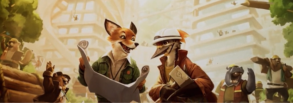 Illustration of a smiling fox and a bird in construction gear reviewing blueprints, surrounded by other animals working in a busy, partially built city.