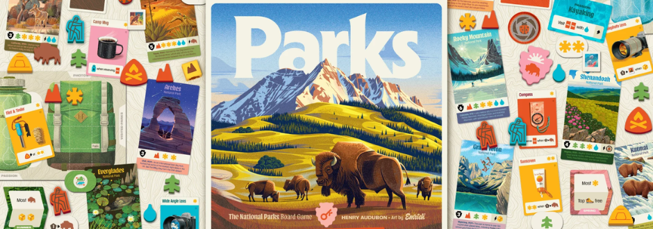 Parks board game in the center of a banner, surrounded by cards and components from the game on a white background