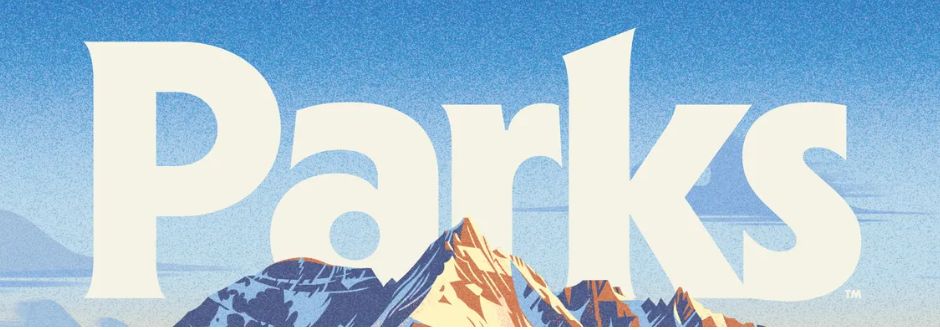 The word "Parks" in bold white letters overlays a serene illustration of snow-capped mountains under a clear blue sky, evoking tranquility and majesty.