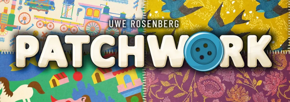 Colorful board game cover titled "Patchwork" by Uwe Rosenberg, featuring overlapping fabric patterns with a large button design. Vibrant and playful.
