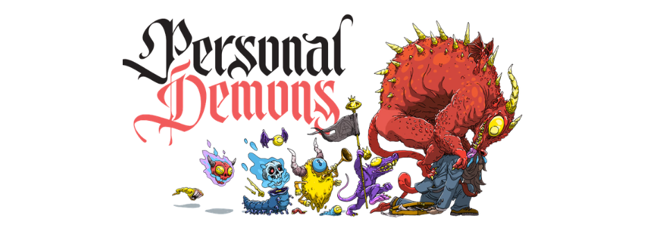 "Personal Demons" text in gothic font next to colorful, whimsical demons. A large, red demon dominates, surrounded by smaller, quirky creatures.