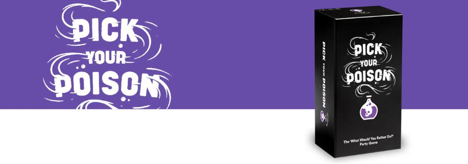 Pick Your Poison game box on a purple and white background. The box features white swirling text with a purple potion bottle icon, conveying a fun and mysterious party theme.