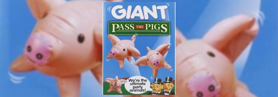 Cover of the game 'Giant Pass the Pigs' featuring inflatable pig toys against a blue background. The caption reads 'We're the ultimate party animals!'