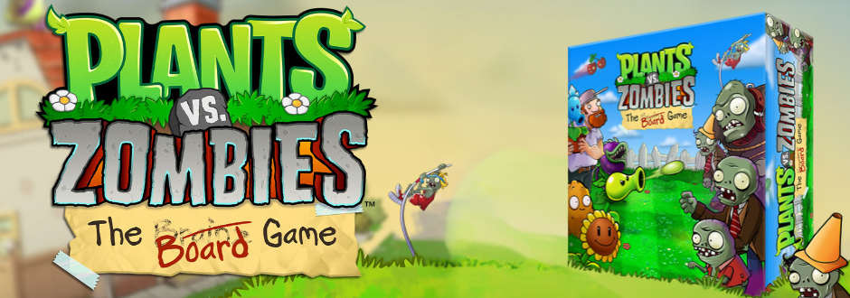 PLANTS VS ZOMBIE LOGO AND BOARD GAME BOX ON A GREEN, PASTORAL BACKGROUND