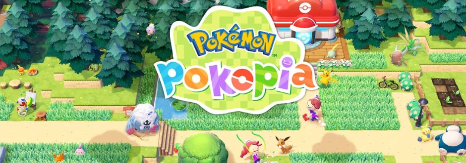Colorful image of a forest scene from a video game, "Pokémon Pokopia," showing cute Pokémon, a character walking, and a small red-roofed building.