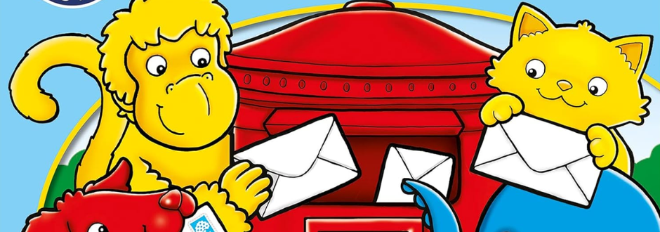 Three colorful cartoon animals - a yellow monkey, a red dog, and a blue cat - happily post letters in a red mailbox against a bright sky.