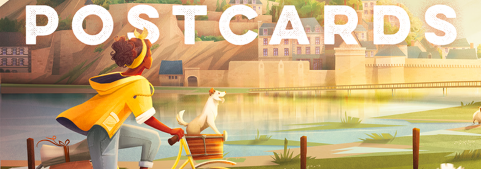 A woman in a yellow jacket and jeans rides a bicycle with a dog in the basket near a serene lake, with scenic buildings and "Postcards" text above.