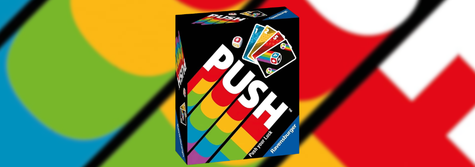 Push card game box with vibrant colors, including blue, green, yellow, and red stripes. Cards display numbers and symbols, conveying excitement and playfulness.