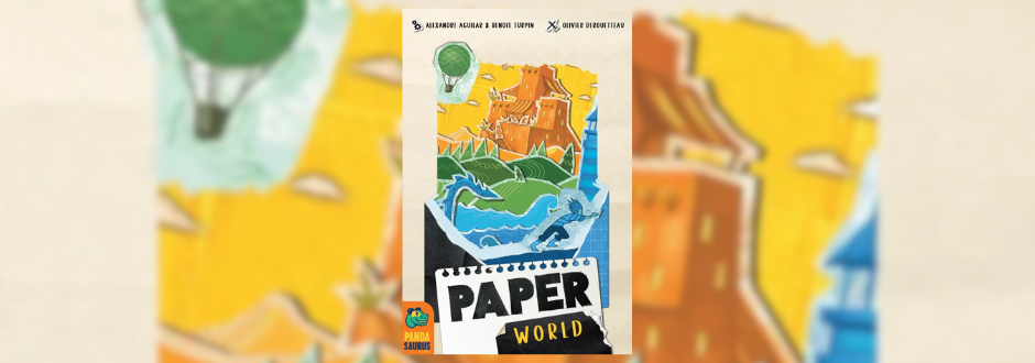 Cover of 'Paper World' with a colorful, hand-drawn map featuring an orange castle, green fields, a blue ocean, and a hot air balloon. The title is in bold black letters on a white notepad-like design, evoking an adventurous and whimsical tone
