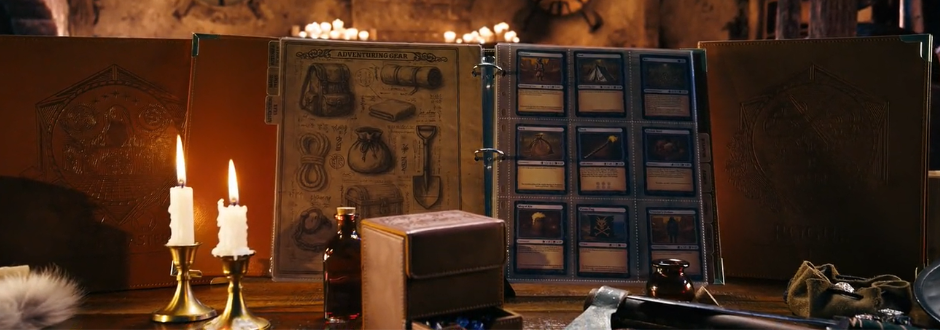 Open binder of illustrated notes and inventory item cards on a candlelit wooden table, with small bottles, a box, and tools arranged nearby.