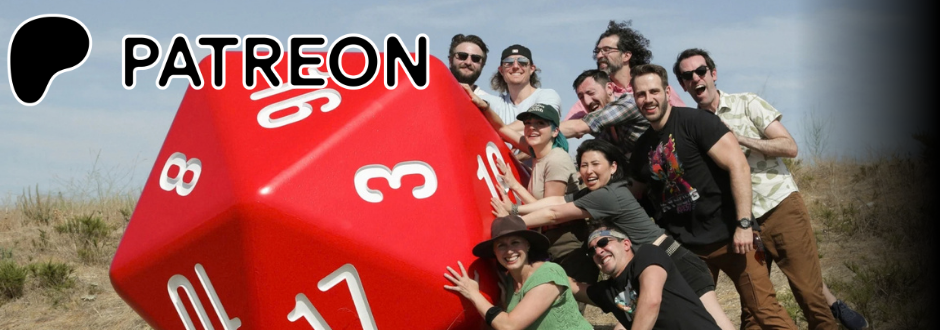 The Patreon logo next to the team pushing the huge dice