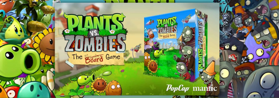 Banner image for Plants vs. Zombies themed board game, featuring colourful cartoon plants and zombies with the game box in the centre.