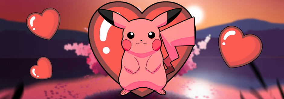Pink Pikachu in front of a sunset and some hearts