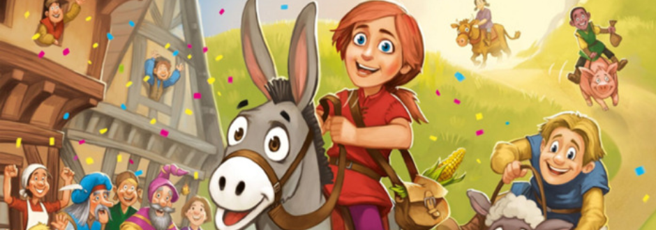 A cheerful scene depicting villagers celebrating. A person rides a smiling donkey in the foreground, surrounded by jubilant people, confetti, and animals.