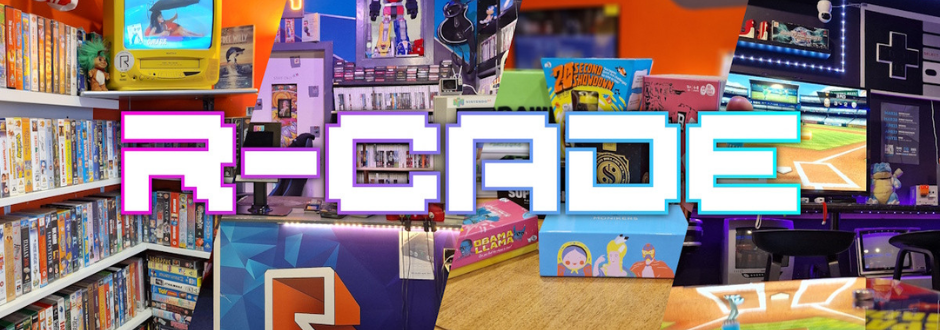 R-CADE board game cafe pixelated game logo on a board game shelf background