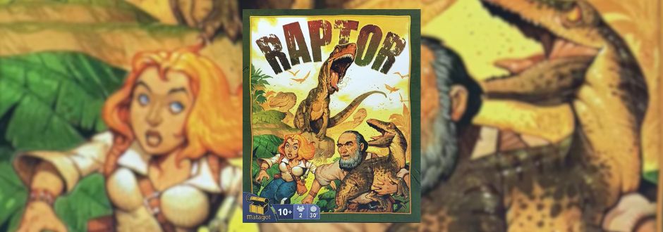 The image features the board game "Raptor" cover art. A dinosaur roars behind a man and woman dressed as explorers in a jungle setting, conveying adventure.