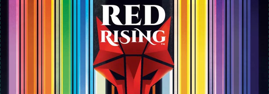 Abstract image featuring "Red Rising" text above a stylized red wolf face. Background is vibrant vertical stripes in various colors, conveying intensity and intrigue.