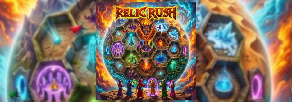 A vibrant game cover titled "Relic Rush" features a dragon atop a glowing hexagonal board with mystical symbols. Five wizards stand below, casting spells. The scene is dynamic and magical.