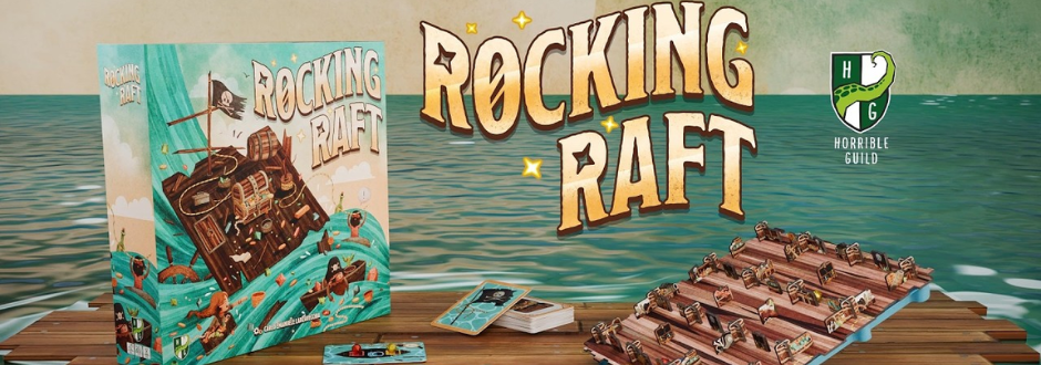 Box art and setup for "Rocking Raft" board game displayed on a water-themed backdrop. The scene shows rafts, figures, and cards on wooden planks.