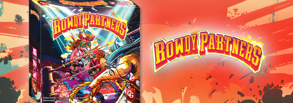 Box art for "Rowdy Partners" with dynamic, action-packed illustration of two costumed characters in a vibrant, colorful style. Bold logo on the right.