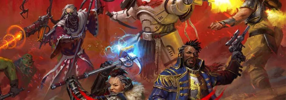 Epic sci-fi battle scene with diverse warriors in dynamic poses, wielding futuristic weapons against a fiery red background, conveying intensity and action.
