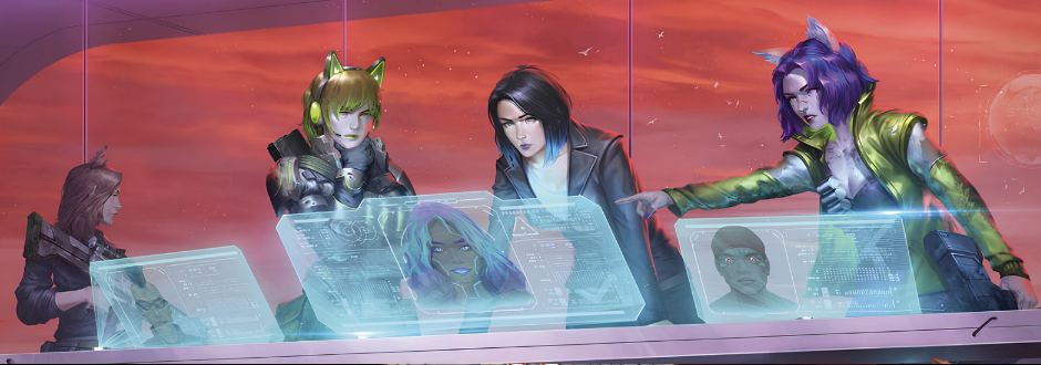 Futuristic scene with four characters in a sleek room using holographic screens. Intense expressions, colorful hair, and animal ear accessories under a red sky.