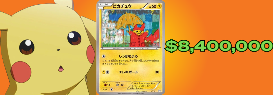 Pikachu looking at the card with 8.4 million dollars on the right