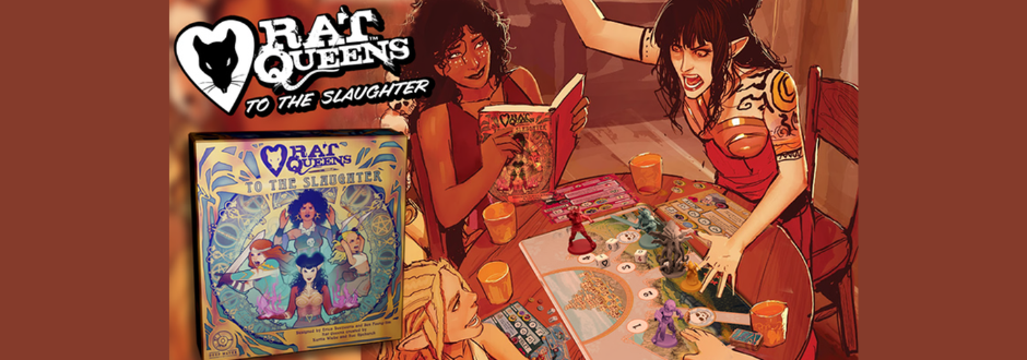 Illustration of friends playing “Rat Queens: To the Slaughter” with miniatures, dice, and drinks