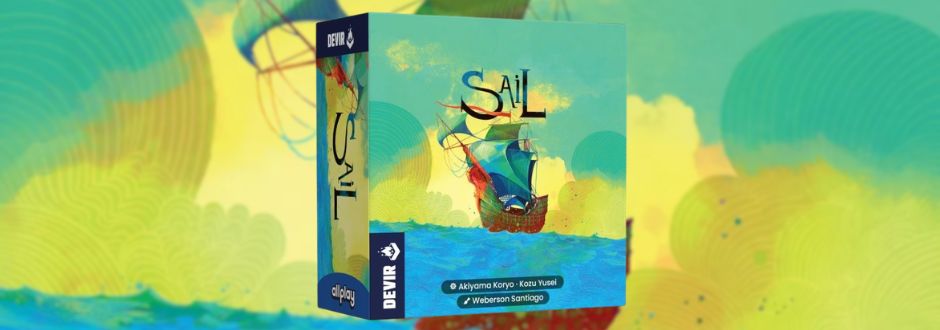 Illustrated game box for "Sail" by Devir, featuring a vibrant ship on a blue ocean against a colorful sky. The tone is adventurous and whimsical