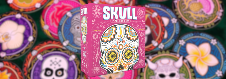 A colorful board game box titled "Skull" features a decorative sugar skull on a pink background. Vibrant circular game pieces surround it. The design is festive and playful.