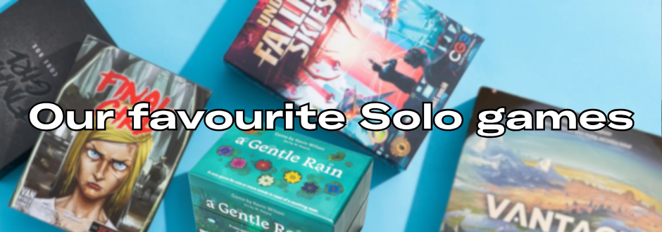 Five board games, each with distinct colorful boxes, are displayed on a blue background. Overlaying text reads "Our favourite Solo games."