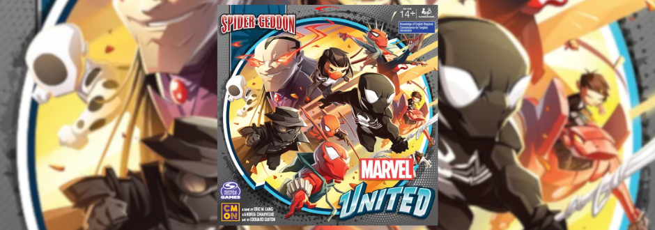 Cover art for "Marvel United: Spider-Geddon" featuring stylized Spider-Man characters in dynamic poses. Vibrant colors and energetic action set the tone.
