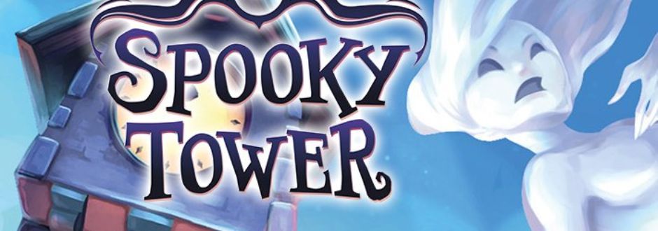 Ghostly figure and tilted clock tower under a full moon with purple text reading "Spooky Tower" create a mysterious and eerie atmosphere.