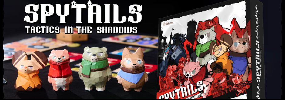 Spytails: Tactics in the Shadows board game. Four polygonal animal figures on a table, featuring a cat, dog, and other animals with various expressions, next to a strikingly illustrated game box. 