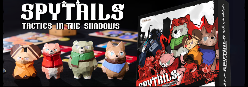 Spytails: Tactics in the Shadows board game. Four polygonal animal figures on a table, featuring a cat, dog, and other animals with various expressions, next to a strikingly illustrated game box. 