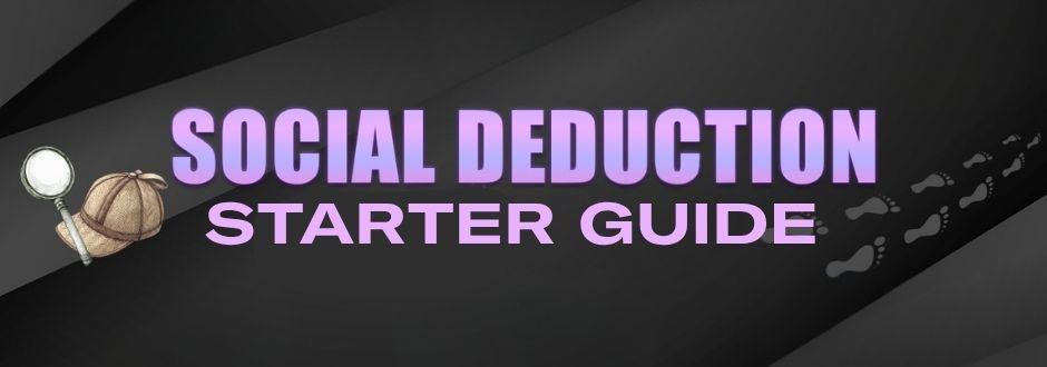 Dark background with the words 'Social Deduction Starter Guide' in bold purple letters. A Sherlock Holmes-style hat and magnifying glass are on the left. Faint footprints trail off to the right, hinting at mystery and investigation