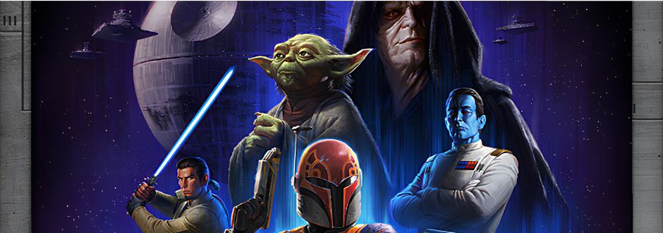 A futuristic scene with iconic characters set against a starry space backdrop. Central figures include a green alien, armored warrior, and others with a serious tone.