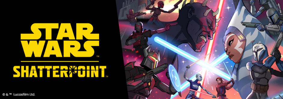 Star wars shatterpoint logo alongside artwork of fighting jedi characters