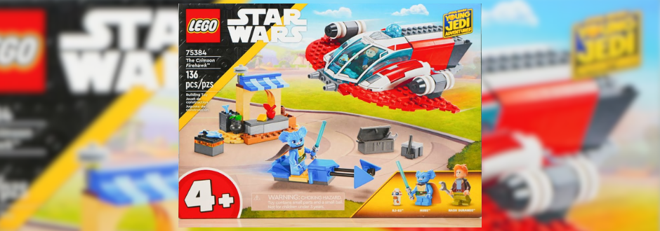 LEGO Star Wars set for ages 4+, featuring a red and white starfighter, two minifigures, and accessories. Box art shows bright colors and playful design.
