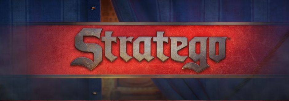 Banner for the game "Stratego" with bold, metallic lettering on a textured red background, flanked by dark blue curtains, conveying strategy and intensity.